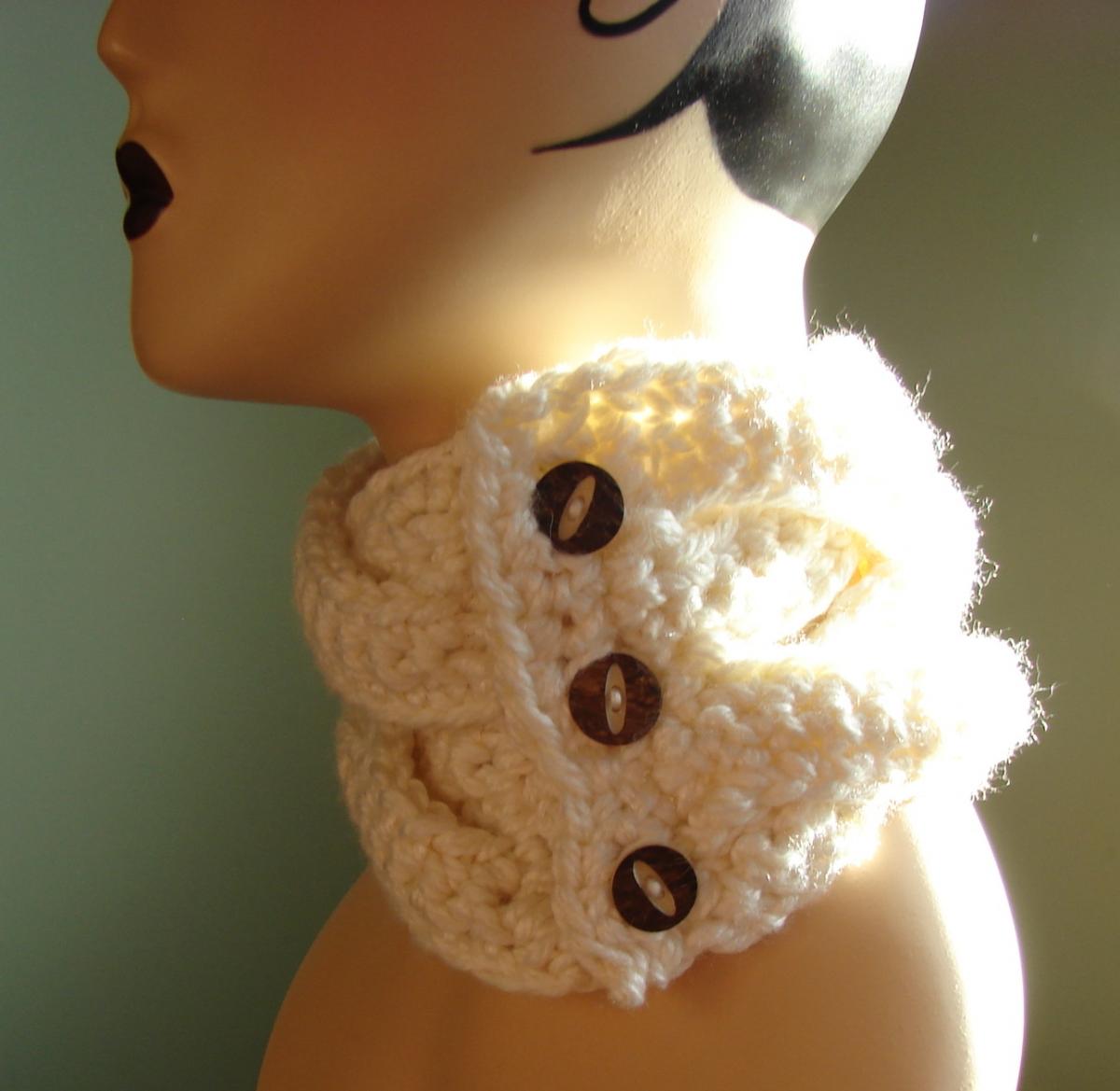 Braided Coconut Button Cowl Scarf - Snow White